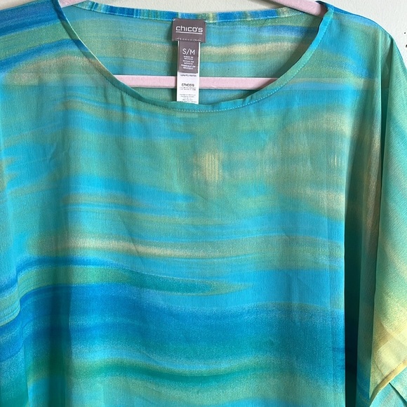 Chico's Vibrant Blue and Yellow Poncho top, semi sheer, size small/ medium - Picture 10 of 14